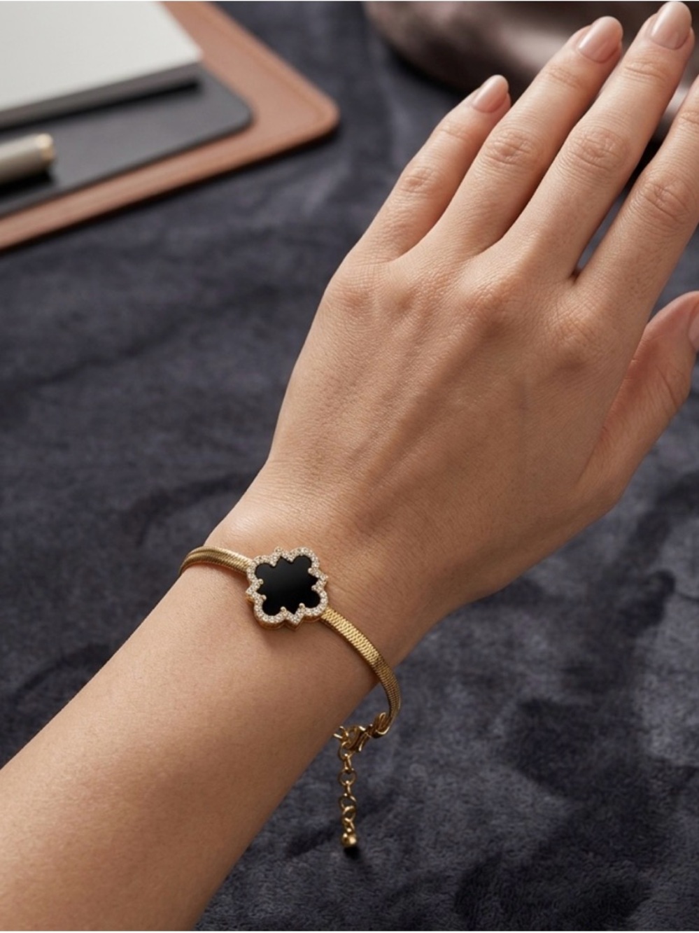 Gold Plated Black Clover Bracelet with Crystal Halo